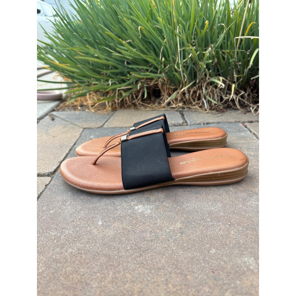Andre Assous Womens Elastic Thong Slide Sandals Black Tan Made in Spain Size 9 - Picture 4 of 7